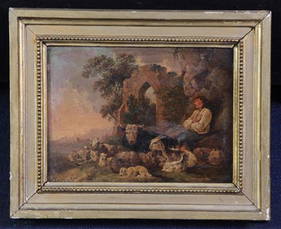19th century Continental School Shepherd and cattle drovers in a landscape 6 x 8.25in.